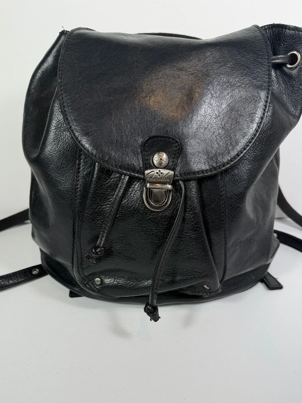 Patrica Nash black leather drawstring backpack